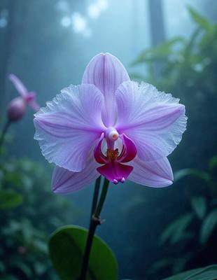 The primary subject of the image is a large, purple orchid flower. The setting is a forest, with the flower standing out against the greenery. The visual style is a close-up of the flower, showcasing its beauty and details. The dominant colors are purple and green, creating a serene and natural atmosphere.